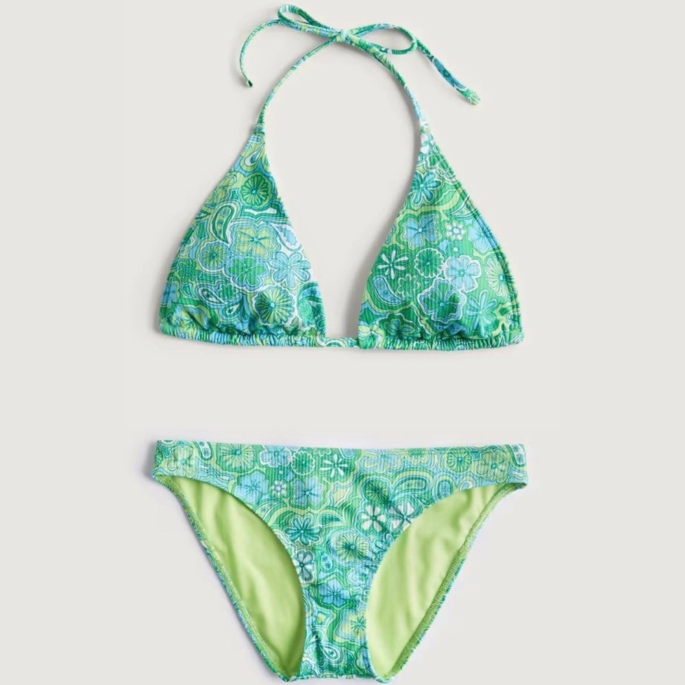 Hollister Green Floral Print Ribbed Triangle Top & Bikini Bottom Set